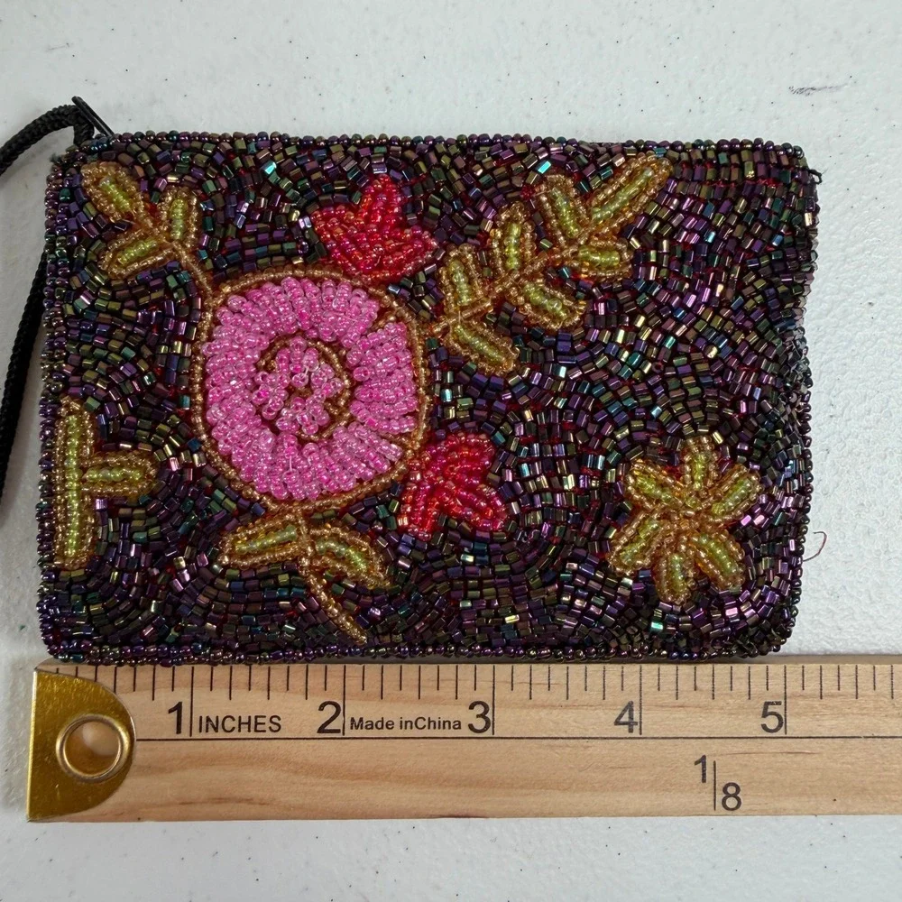 Vintage Small Coin Purse Beaded Floral Iridescent Purple Pink Wristlet Pouch